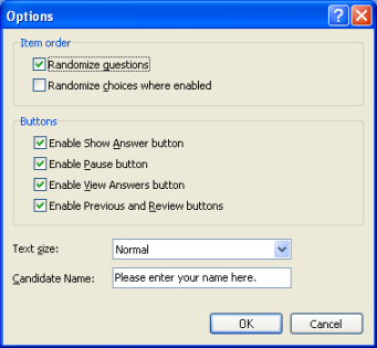 Exam Options screen